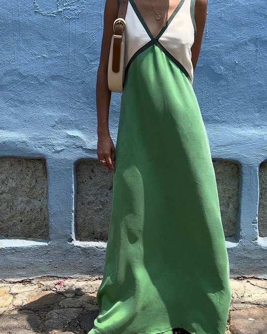 Maxi Zomerjurk van Katoen met V - Hals en Kleurblokken Design - Zova - Fashion - Maxi Jurk