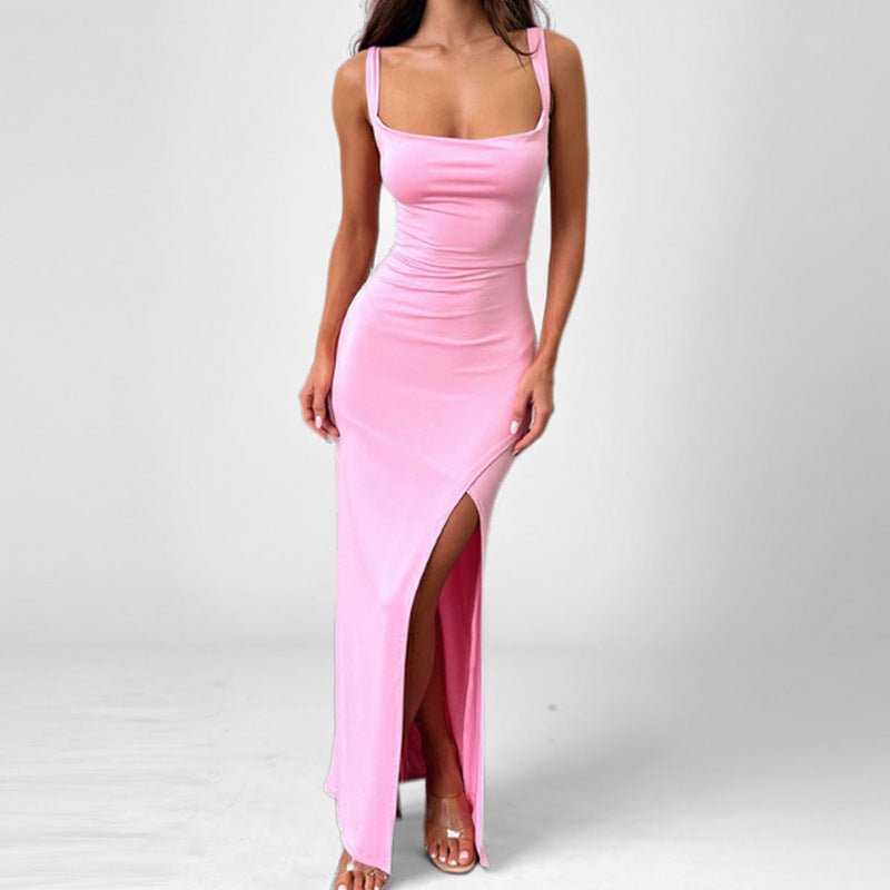 Maxi Zomerjurk van Lichtgewicht Stof met Spaghetti Bandjes en Hoge Split - ZovaFashion - Maxi Jurk