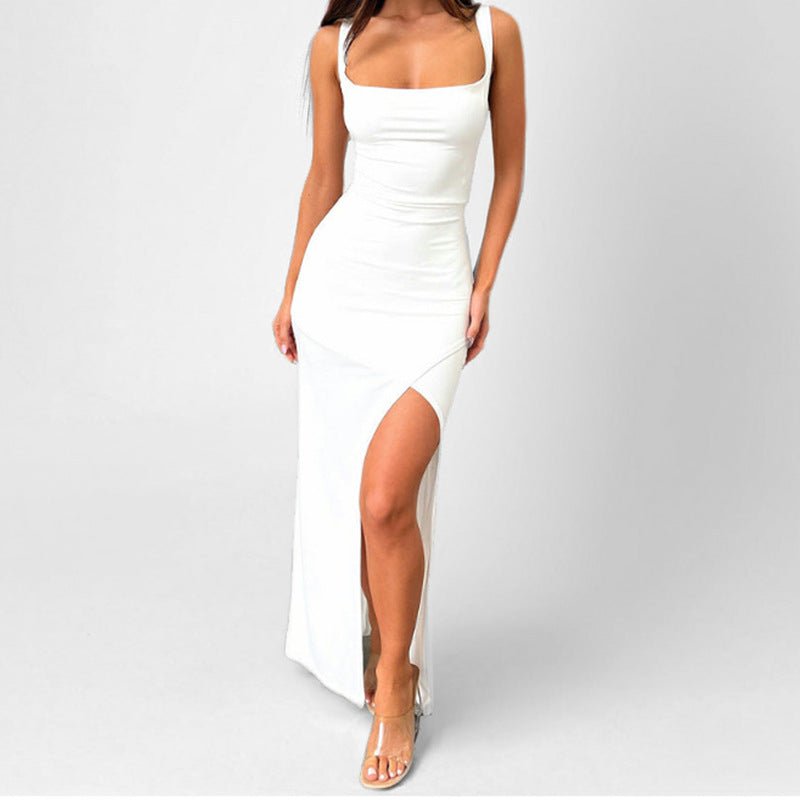 Maxi Zomerjurk van Lichtgewicht Stof met Spaghetti Bandjes en Hoge Split - ZovaFashion - Maxi Jurk