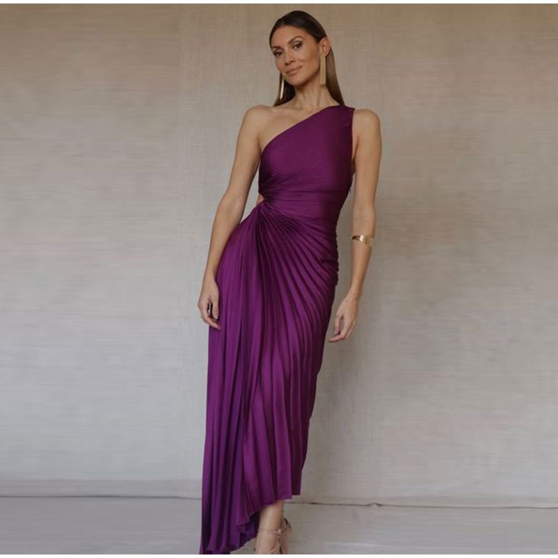 Maxi Zomerjurk van Luxe Crêpe met One - Shoulder en Geplooide Textuur - ZovaFashion - Maxi Jurk