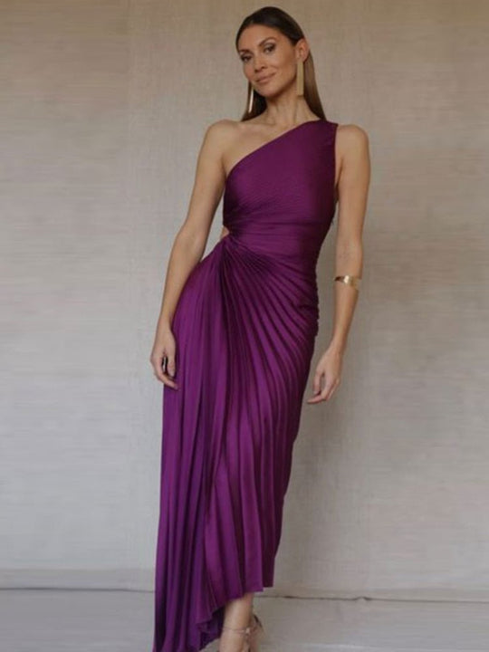 Maxi Zomerjurk van Luxe Crêpe met One - Shoulder en Geplooide Textuur - ZovaFashion - Maxi Jurk