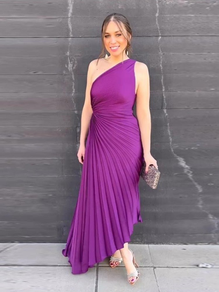 Maxi Zomerjurk van Luxe Crêpe met One - Shoulder en Geplooide Textuur - ZovaFashion - Maxi Jurk