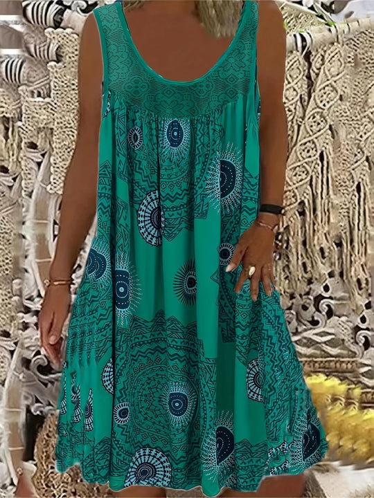 Maxi Zomerjurk van Polyester met Bloemenprint en Ronde Hals - ZovaFashion - Maxi Jurk
