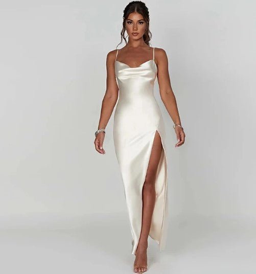 Maxi Zomerjurk van Satijn met Cowl Neck en Spaghetti Bandjes - ZovaFashion - Maxi Jurk