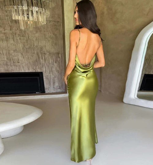 Maxi Zomerjurk van Satijn met Cowl Neck en Spaghetti Bandjes - ZovaFashion - Maxi Jurk
