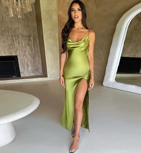 Maxi Zomerjurk van Satijn met Cowl Neck en Spaghetti Bandjes - ZovaFashion - Maxi Jurk