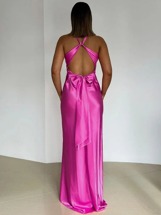 Maxi Zomerjurk van Satijn met Halternek en Getailleerd Lijfje - ZovaFashion - Maxi Jurk