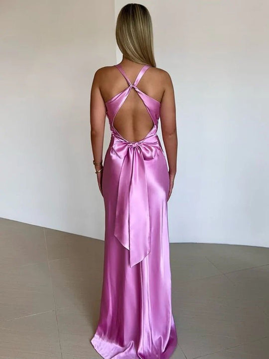 Maxi Zomerjurk van Satijn met Halternek en Getailleerd Lijfje - ZovaFashion - Maxi Jurk