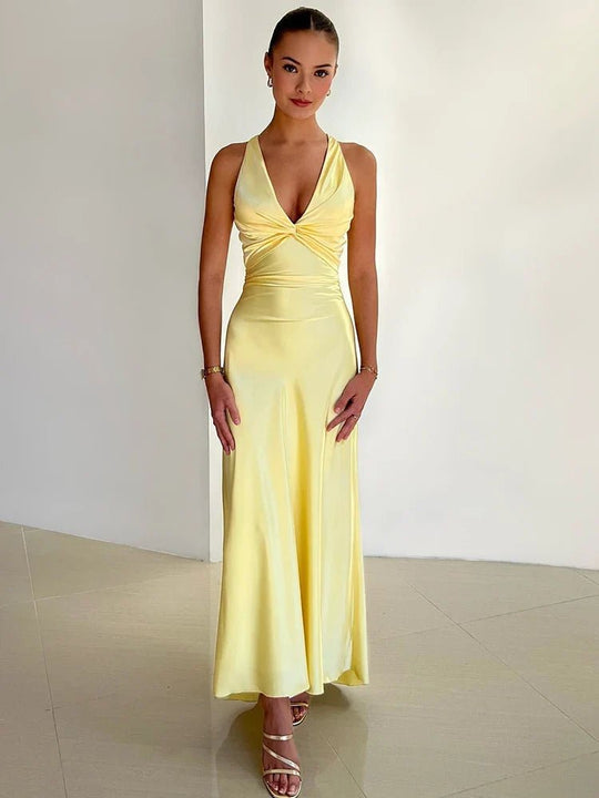 Maxi Zomerjurk van Satijn met Halternek en Getailleerd Lijfje - ZovaFashion - Maxi Jurk