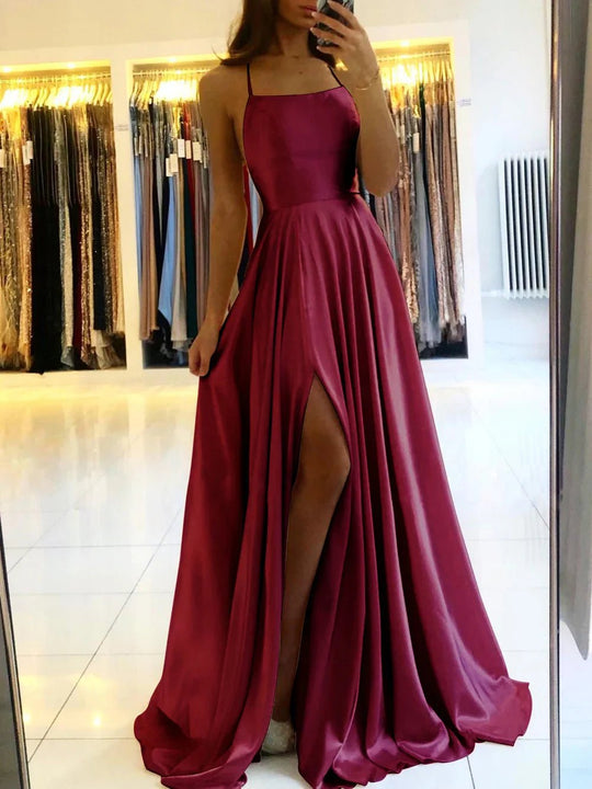 Maxi Zomerjurk van Satijn met Spaghetti Bandjes en Hoge Split - ZovaFashion - Maxi Jurk