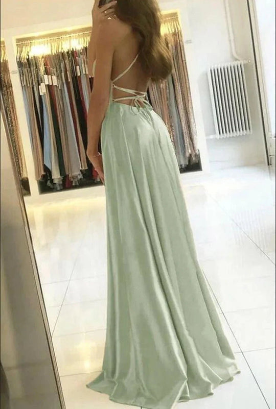 Maxi Zomerjurk van Satijn met Spaghetti Bandjes en Hoge Split - ZovaFashion - Maxi Jurk