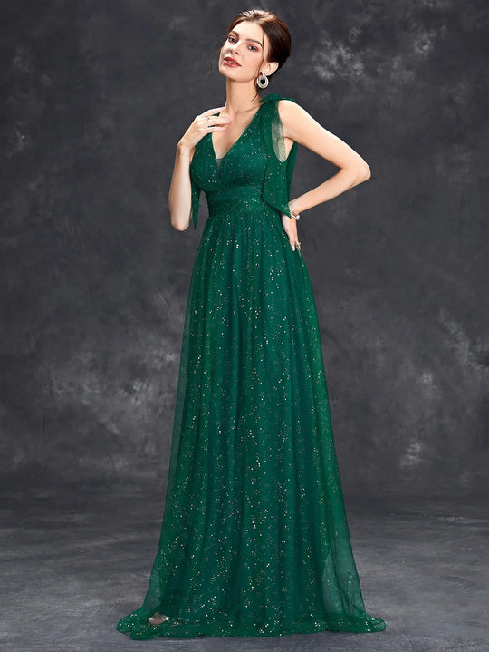 Maxi Zomerjurk van Sheer Stof met V - Hals en Glitterdetails voor Speciale Gelegenheden - ZovaFashion - Maxi Jurk