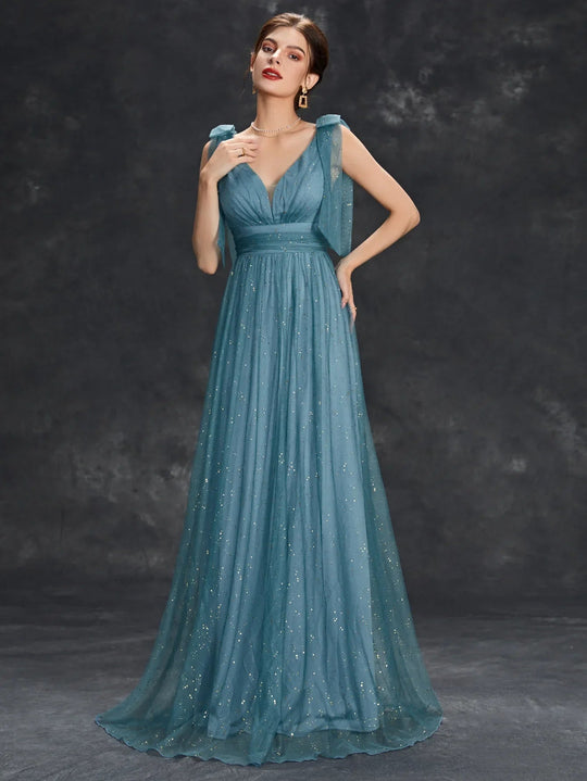 Maxi Zomerjurk van Sheer Stof met V - Hals en Glitterdetails voor Speciale Gelegenheden - ZovaFashion - Maxi Jurk