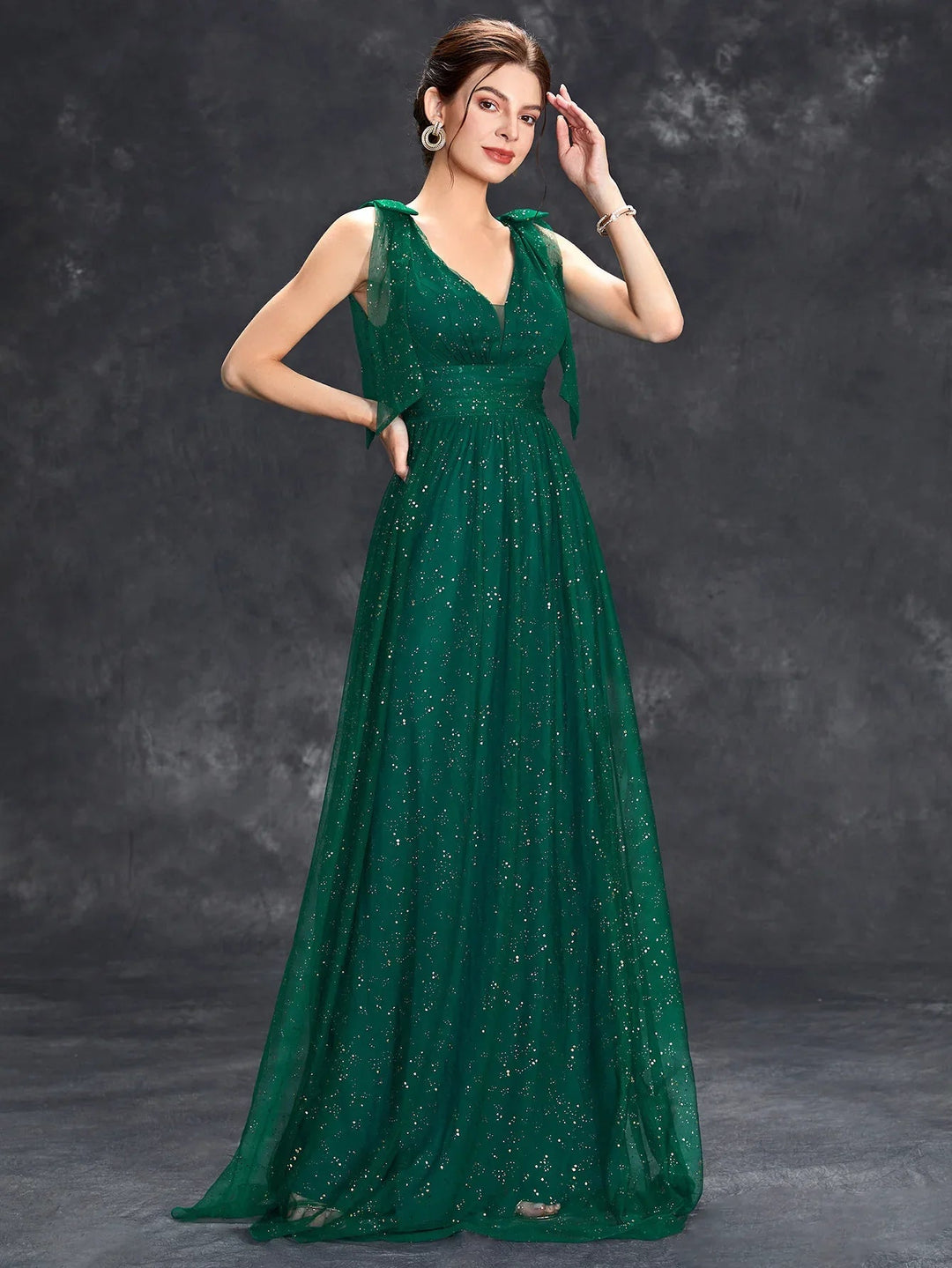 Maxi Zomerjurk van Sheer Stof met V - Hals en Glitterdetails voor Speciale Gelegenheden - ZovaFashion - Maxi Jurk