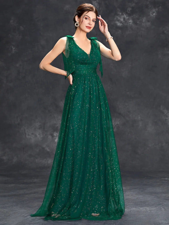 Maxi Zomerjurk van Sheer Stof met V - Hals en Glitterdetails voor Speciale Gelegenheden - ZovaFashion - Maxi Jurk