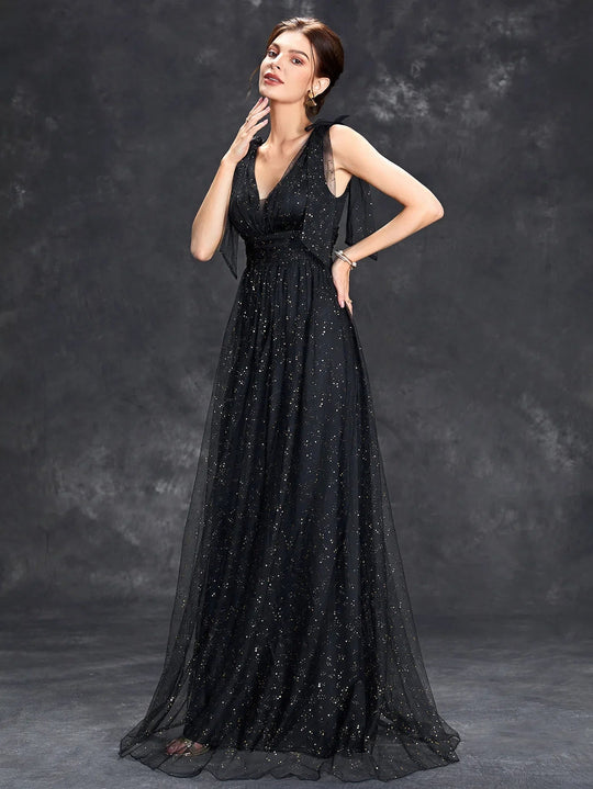 Maxi Zomerjurk van Sheer Stof met V - Hals en Glitterdetails voor Speciale Gelegenheden - ZovaFashion - Maxi Jurk