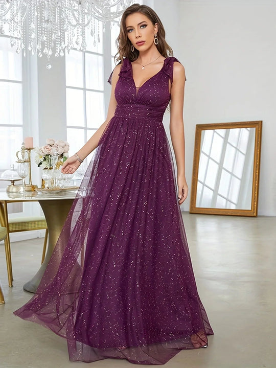 Maxi Zomerjurk van Sheer Stof met V - Hals en Glitterdetails voor Speciale Gelegenheden - ZovaFashion - Maxi Jurk