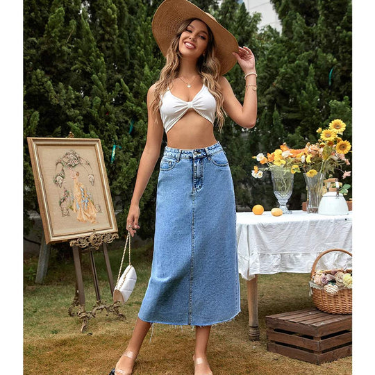 Maxi Zomerrok Dames - Denim met Hoge Taille en Frayed Hem - Zova - Fashion