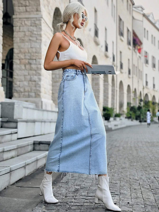 Maxi Zomerrok Dames - Denim met Hoge Taille en Frayed Hem - Zova - Fashion