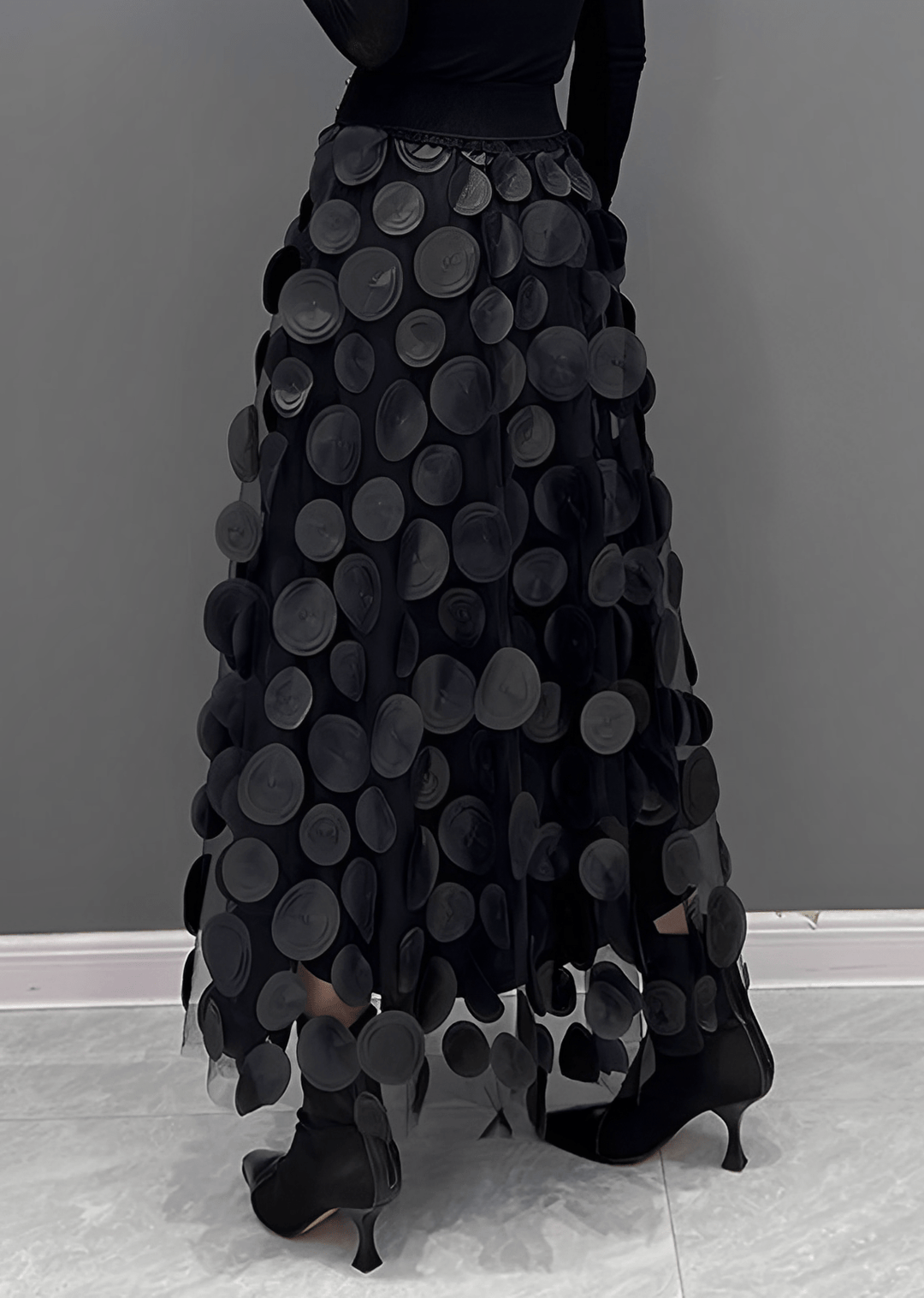 Maxi Zomerrok Dames - LAURA Zwarte Polka Dot Rok met Hoge Taille en Elastische Tailleband - Zova - Fashion