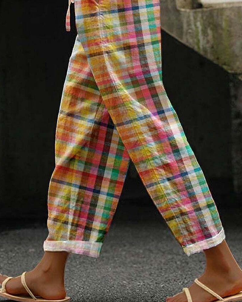 Meerkleurige Pantalon Dames van Katoen met Hoge Taille en Relaxed Fit - ZovaFashion - Lange Broek Dames