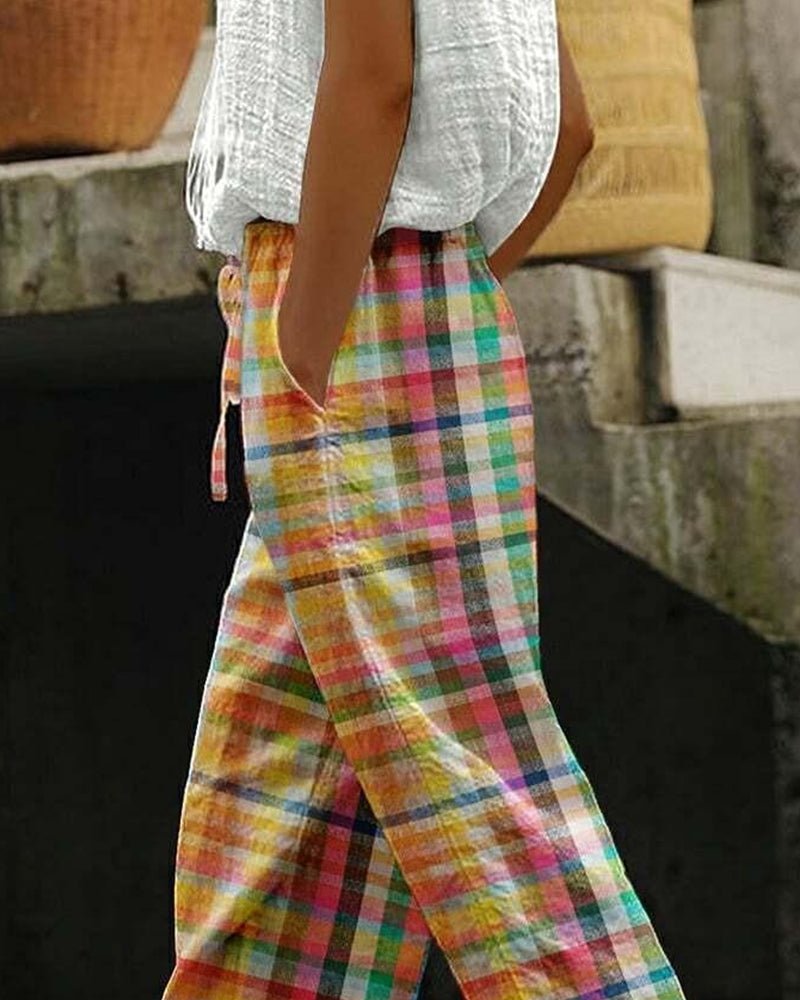 Meerkleurige Pantalon Dames van Katoen met Hoge Taille en Relaxed Fit - ZovaFashion - Lange Broek Dames