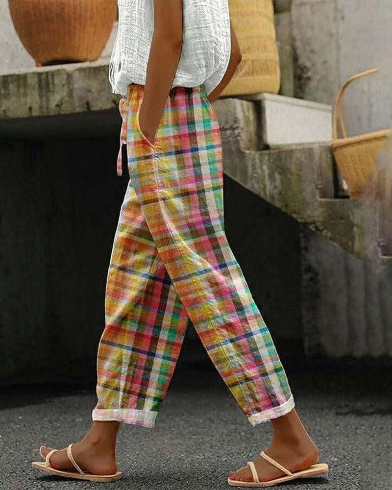 Meerkleurige Pantalon Dames van Katoen met Hoge Taille en Relaxed Fit - ZovaFashion - Lange Broek Dames