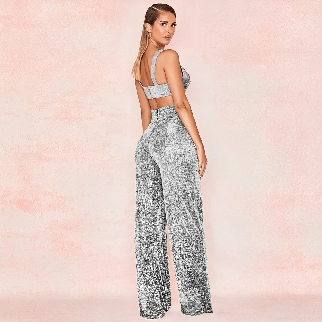 Metallic Pantalon Dames met Hoge Taille en Wijde Pijpen voor Feestelijke Gelegenheden - ZovaFashion - Lange Broek Dames