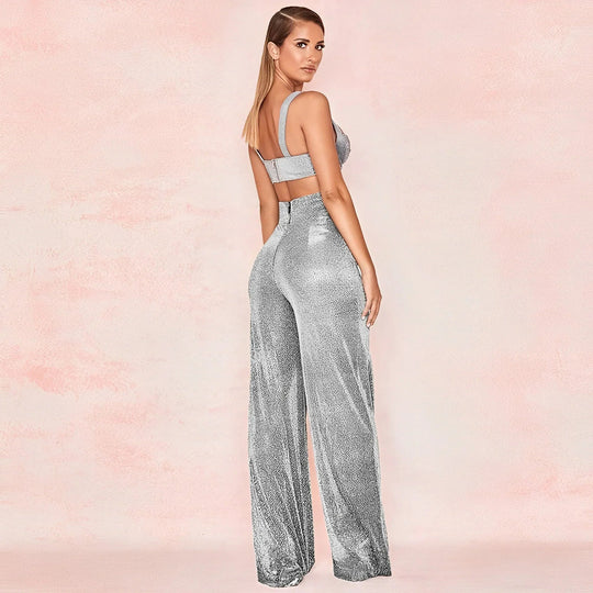 Metallic Pantalon Dames met Hoge Taille en Wijde Pijpen voor Feestelijke Gelegenheden - ZovaFashion - Lange Broek Dames
