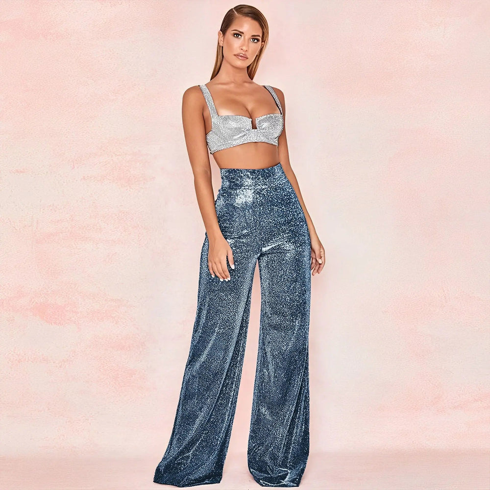 Metallic Pantalon Dames met Hoge Taille en Wijde Pijpen voor Feestelijke Gelegenheden - ZovaFashion - Lange Broek Dames