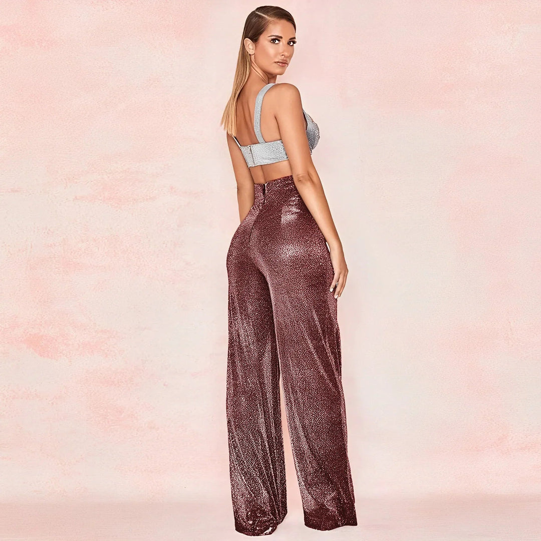 Metallic Pantalon Dames met Hoge Taille en Wijde Pijpen voor Feestelijke Gelegenheden - ZovaFashion - Lange Broek Dames