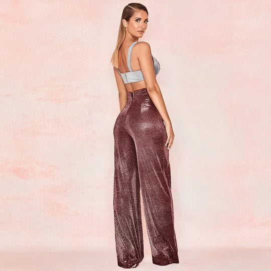 Metallic Pantalon Dames met Hoge Taille en Wijde Pijpen voor Feestelijke Gelegenheden - ZovaFashion - Lange Broek Dames