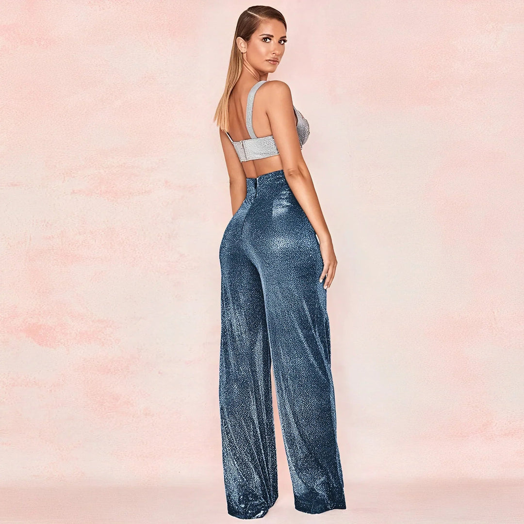 Metallic Pantalon Dames met Hoge Taille en Wijde Pijpen voor Feestelijke Gelegenheden - ZovaFashion - Lange Broek Dames