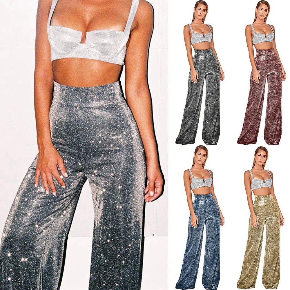 Metallic Pantalon Dames met Hoge Taille en Wijde Pijpen voor Feestelijke Gelegenheden - ZovaFashion - Lange Broek Dames