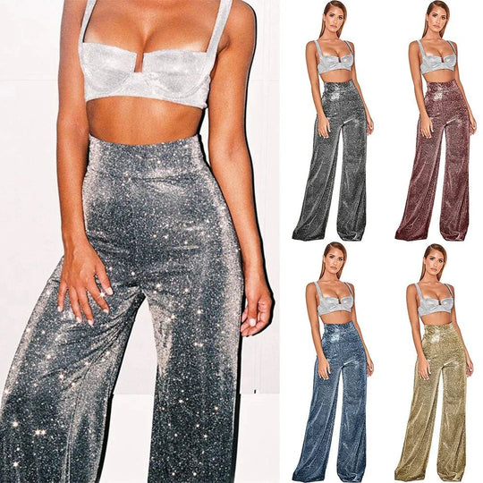 Metallic Pantalon Dames met Hoge Taille en Wijde Pijpen voor Feestelijke Gelegenheden - ZovaFashion - Lange Broek Dames
