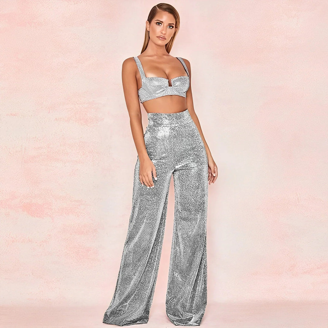 Metallic Pantalon Dames met Hoge Taille en Wijde Pijpen voor Feestelijke Gelegenheden - ZovaFashion - Lange Broek Dames