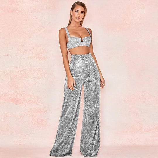 Metallic Pantalon Dames met Hoge Taille en Wijde Pijpen voor Feestelijke Gelegenheden - ZovaFashion - Lange Broek Dames