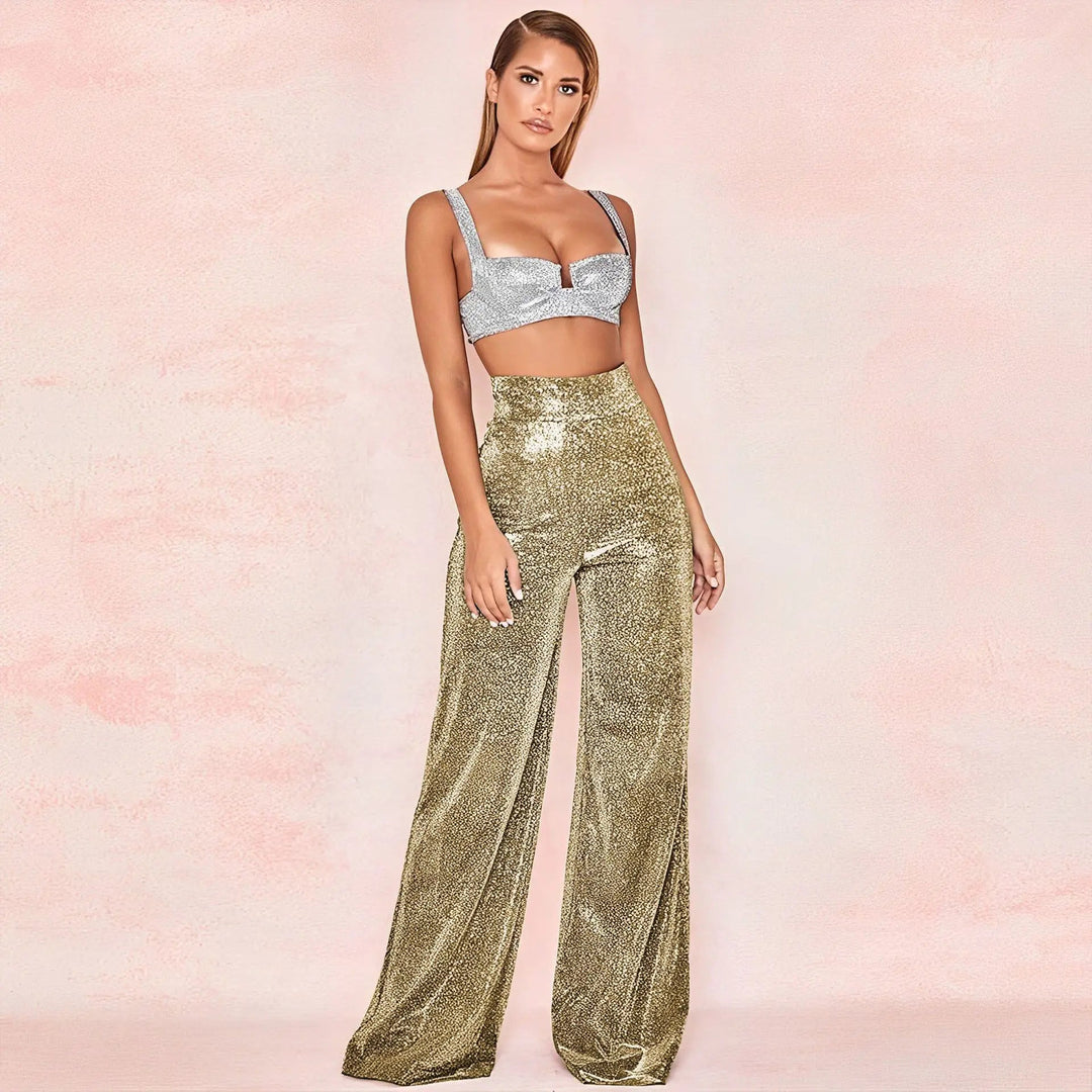 Metallic Pantalon Dames met Hoge Taille en Wijde Pijpen voor Feestelijke Gelegenheden - ZovaFashion - Lange Broek Dames
