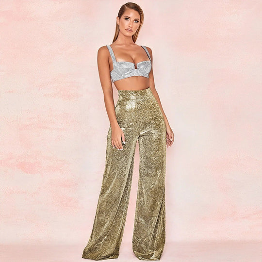 Metallic Pantalon Dames met Hoge Taille en Wijde Pijpen voor Feestelijke Gelegenheden - ZovaFashion - Lange Broek Dames