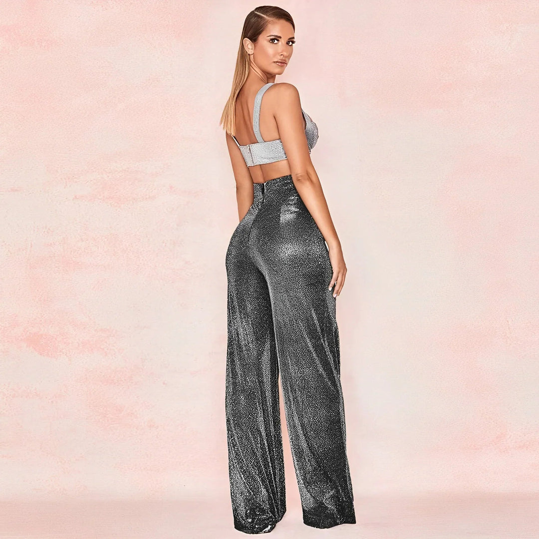 Metallic Pantalon Dames met Hoge Taille en Wijde Pijpen voor Feestelijke Gelegenheden - ZovaFashion - Lange Broek Dames