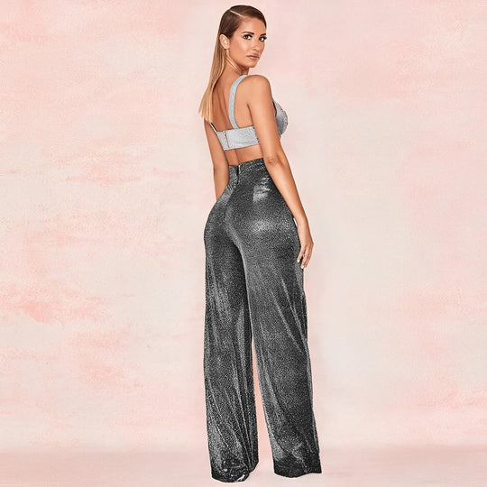 Metallic Pantalon Dames met Hoge Taille en Wijde Pijpen voor Feestelijke Gelegenheden - ZovaFashion - Lange Broek Dames