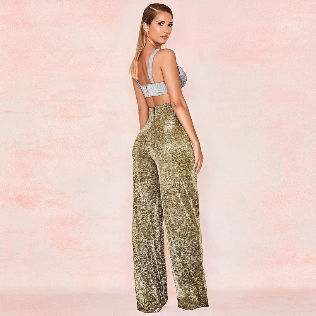 Metallic Pantalon Dames met Hoge Taille en Wijde Pijpen voor Feestelijke Gelegenheden - ZovaFashion - Lange Broek Dames