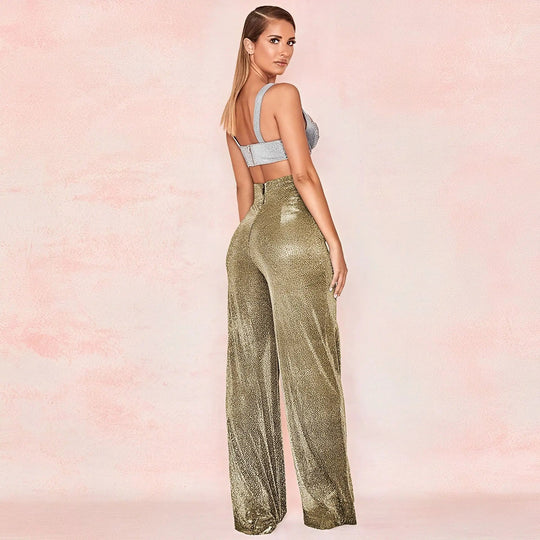 Metallic Pantalon Dames met Hoge Taille en Wijde Pijpen voor Feestelijke Gelegenheden - ZovaFashion - Lange Broek Dames