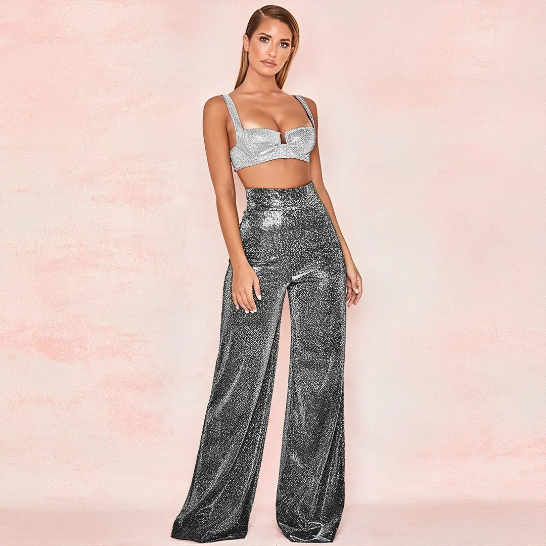 Metallic Pantalon Dames met Hoge Taille en Wijde Pijpen voor Feestelijke Gelegenheden - ZovaFashion - Lange Broek Dames