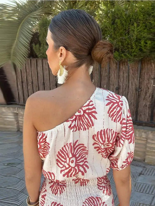 Midi zomerjurk dames in katoen met one - shoulder design en flatterende ruffled skirt - ZovaFashion - Midi Jurk