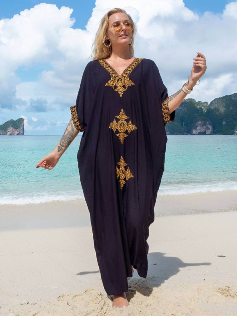 Midi zomerjurk dames in katoenen kaftan met geborduurde V - hals en losse pasvorm - ZovaFashion - Midi Jurken