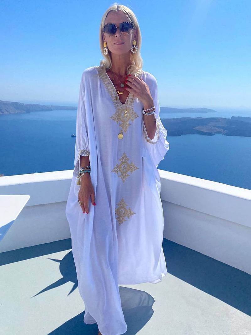 Midi zomerjurk dames in katoenen kaftan met geborduurde V - hals en losse pasvorm - ZovaFashion - Midi Jurken