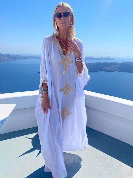 Midi zomerjurk dames in katoenen kaftan met geborduurde V - hals en losse pasvorm - ZovaFashion - Midi Jurken