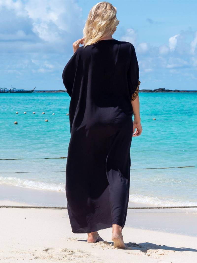 Midi zomerjurk dames in katoenen kaftan met geborduurde V - hals en losse pasvorm - ZovaFashion - Midi Jurken