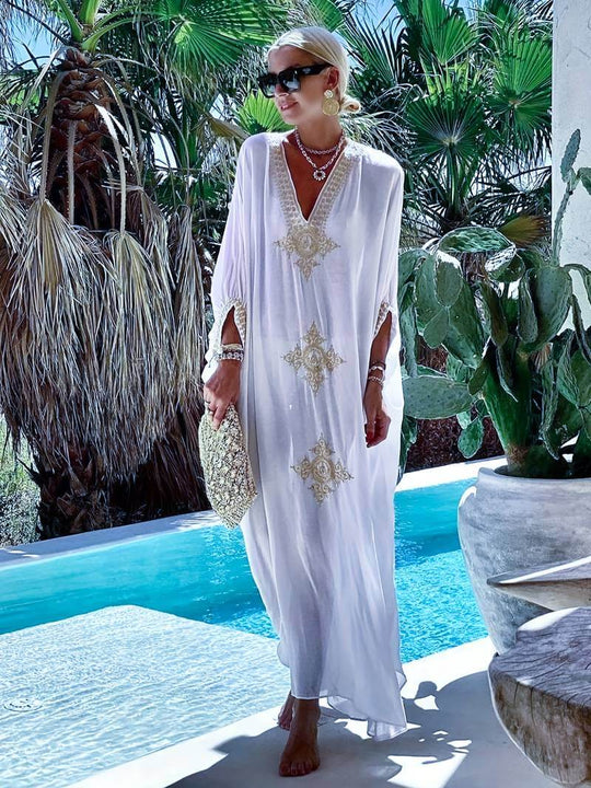 Midi zomerjurk dames in katoenen kaftan met geborduurde V - hals en losse pasvorm - ZovaFashion - Midi Jurken